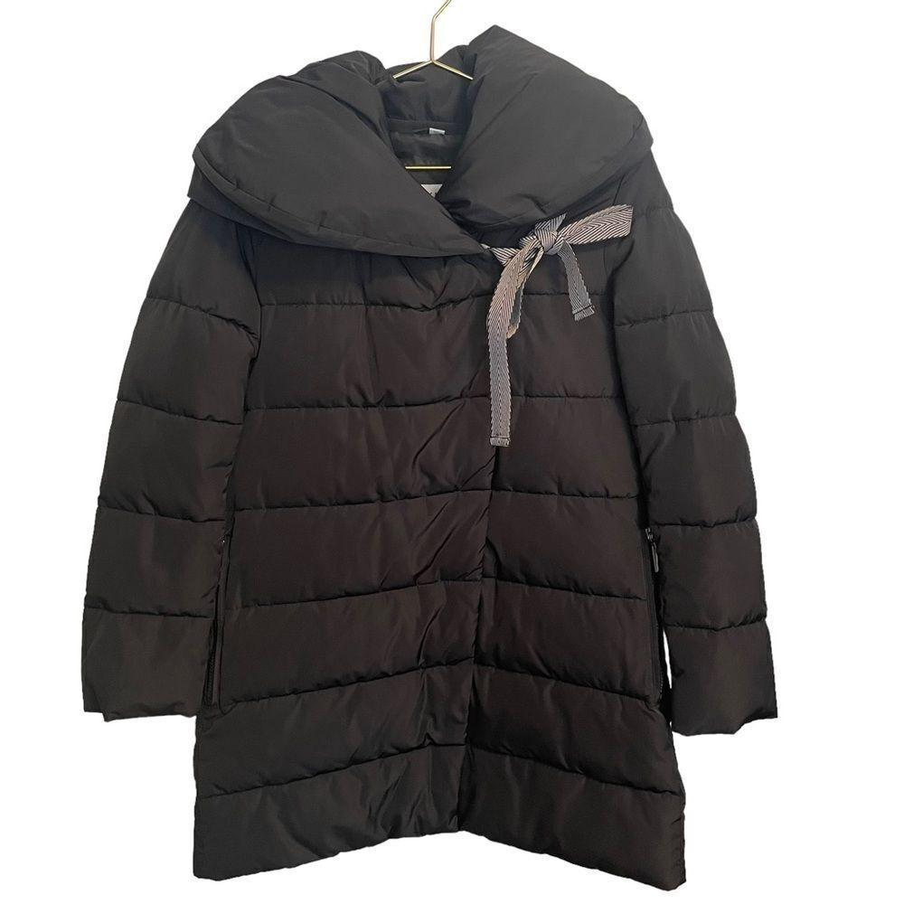 Nikki Jones Montreal Black Puffer Coat Oversized Shawl Collar Ribbon Tie Parka